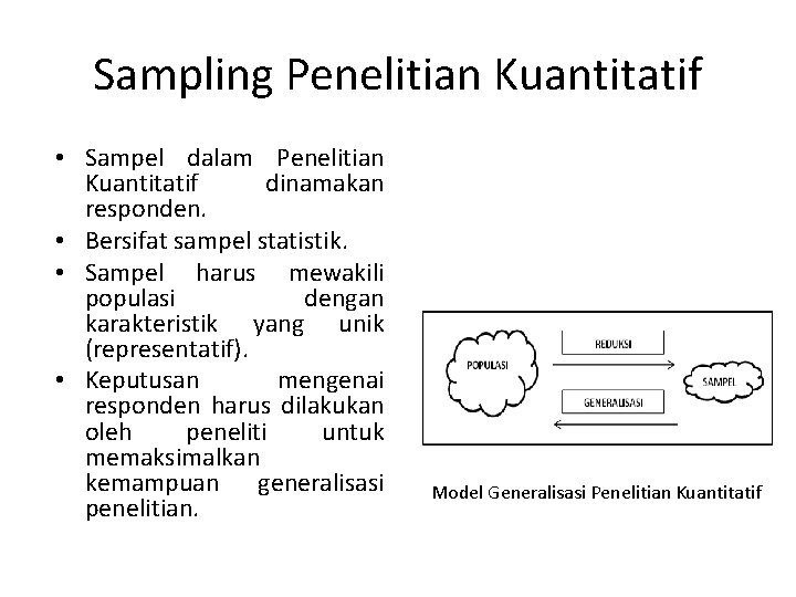 Sampling Penelitian Kuantitatif • Sampel dalam Penelitian Kuantitatif dinamakan responden. • Bersifat sampel statistik.