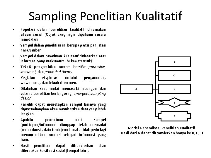 Sampling Penelitian Kualitatif • • • Populasi dalam penelitian kualitatif dinamakan situasi sosial (Objek