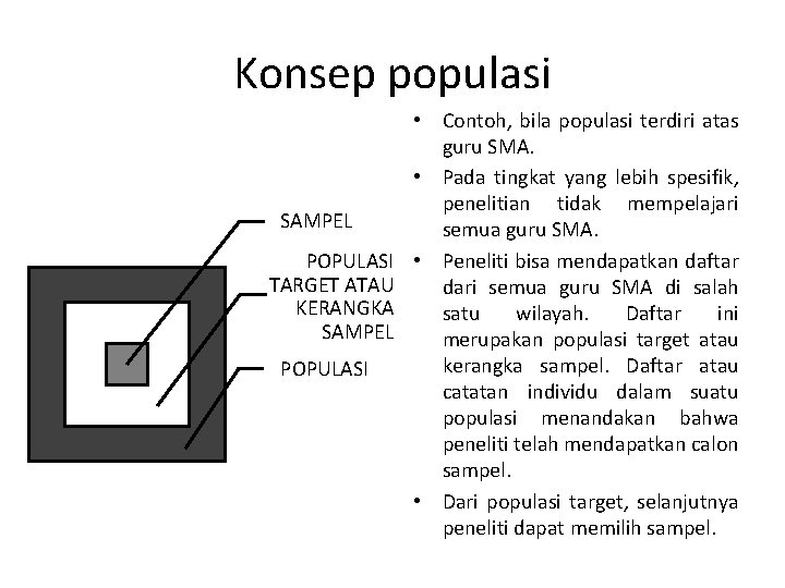 Konsep populasi SAMPEL POPULASI TARGET ATAU KERANGKA SAMPEL POPULASI • Contoh, bila populasi terdiri