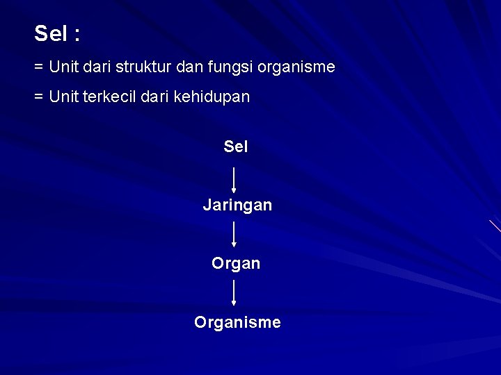 Sel : = Unit dari struktur dan fungsi organisme = Unit terkecil dari kehidupan