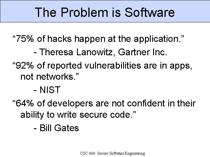 The Problem is Software “ 75% of hacks happen at the application. ” -