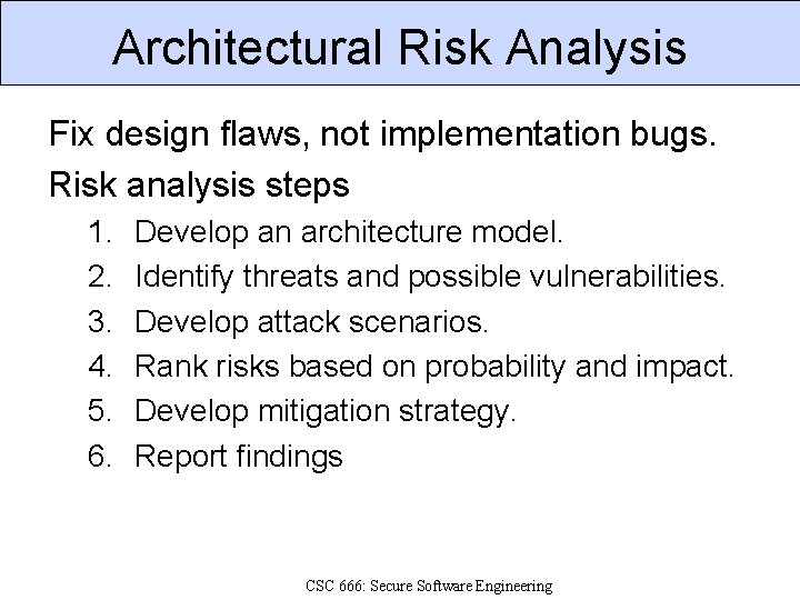 Architectural Risk Analysis Fix design flaws, not implementation bugs. Risk analysis steps 1. 2.