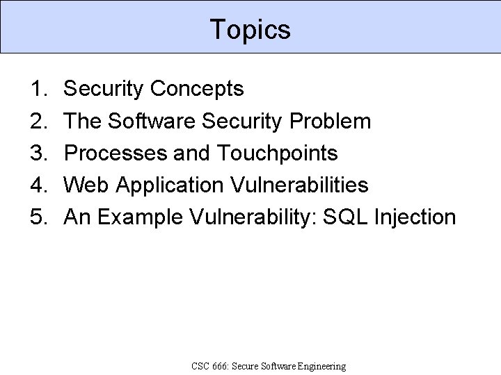 Topics 1. 2. 3. 4. 5. Security Concepts The Software Security Problem Processes and