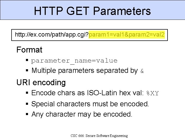 HTTP GET Parameters http: //ex. com/path/app. cgi? param 1=val 1&param 2=val 2 Format §