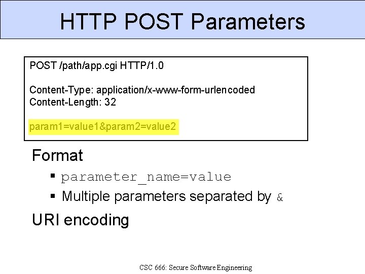 HTTP POST Parameters POST /path/app. cgi HTTP/1. 0 Content-Type: application/x-www-form-urlencoded Content-Length: 32 param 1=value