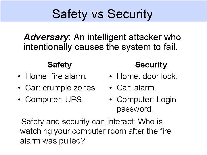 Safety vs Security Adversary: An intelligent attacker who intentionally causes the system to fail.