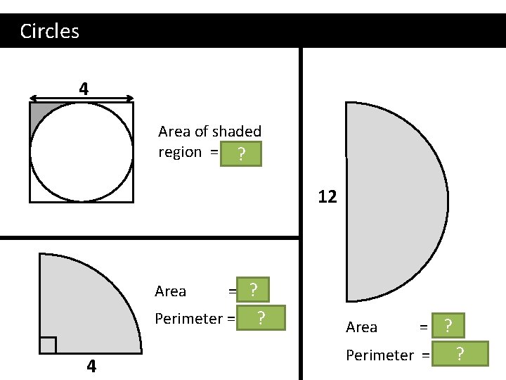 Circles 4 Area of shaded region = 4 –? π 12 Area = 4π