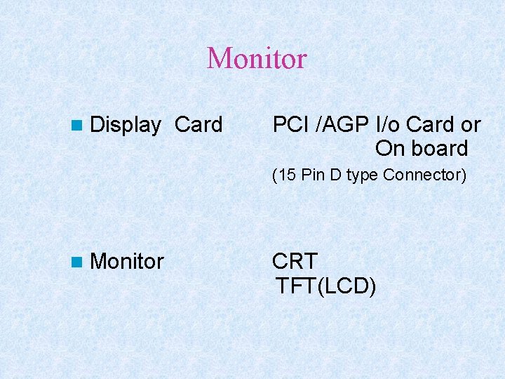 Monitor n Display Card PCI /AGP I/o Card or On board (15 Pin D