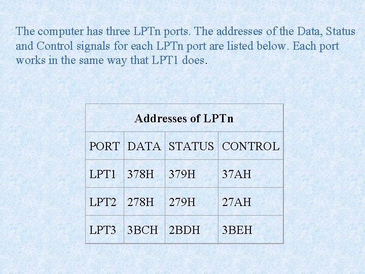 The computer has three LPTn ports. The addresses of the Data, Status and Control