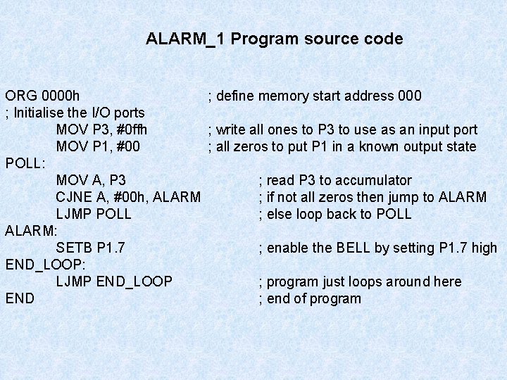 ALARM_1 Program source code ORG 0000 h ; define memory start address 000 ;