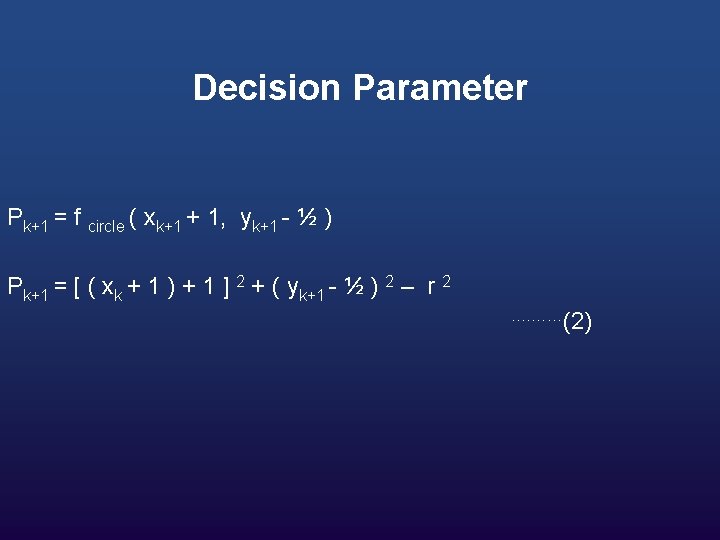 Decision Parameter Pk+1 = f circle ( xk+1 + 1, yk+1 - ½ )