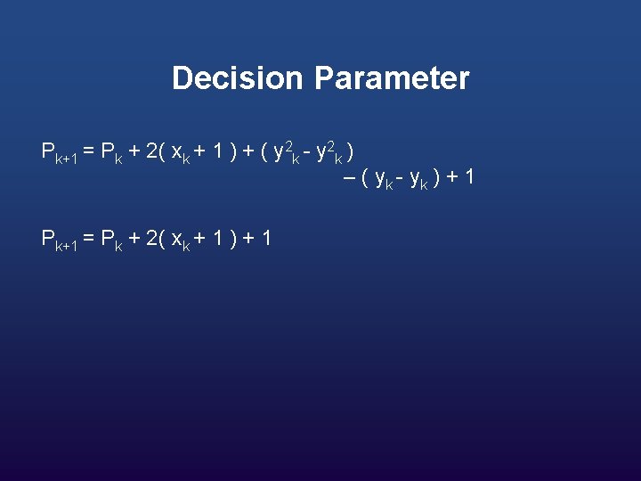 Decision Parameter Pk+1 = Pk + 2( xk + 1 ) + ( y