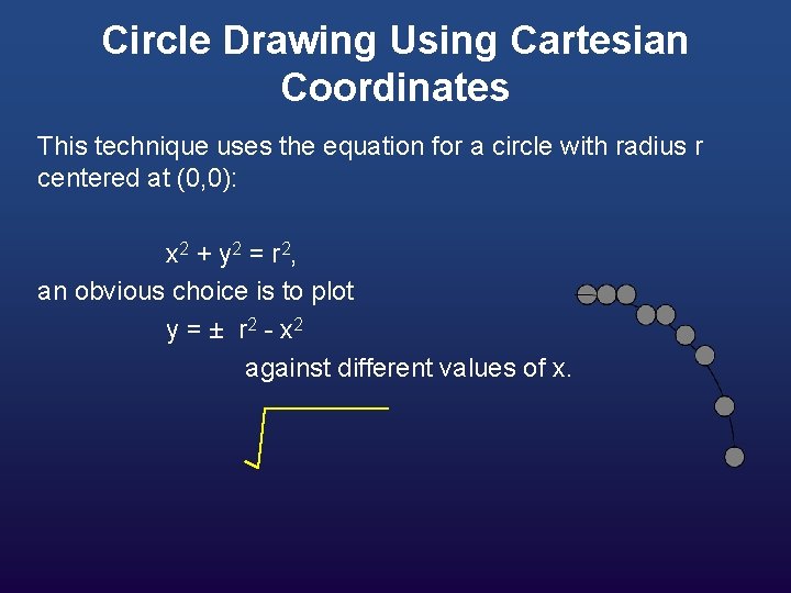 Circle Drawing Using Cartesian Coordinates This technique uses the equation for a circle with