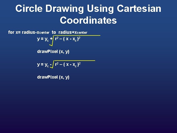 Circle Drawing Using Cartesian Coordinates for x= radius-xcenter to radius+xcenter y = y c