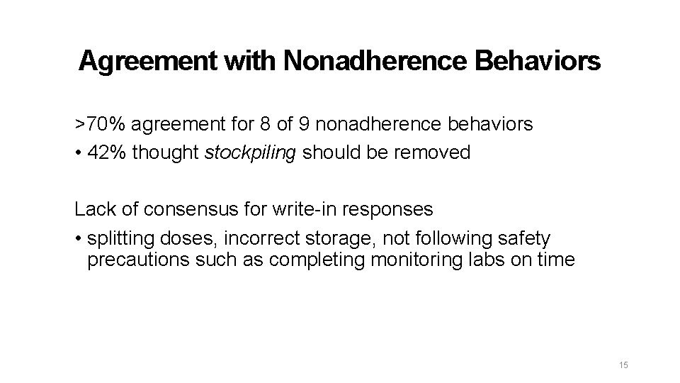 Agreement with Nonadherence Behaviors >70% agreement for 8 of 9 nonadherence behaviors • 42%
