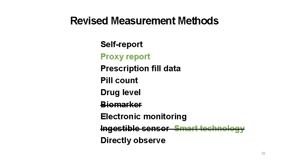 Revised Measurement Methods Self-report Proxy report Prescription fill data Pill count Drug level Biomarker