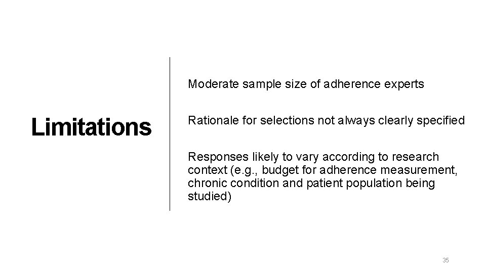 Moderate sample size of adherence experts Limitations Rationale for selections not always clearly specified