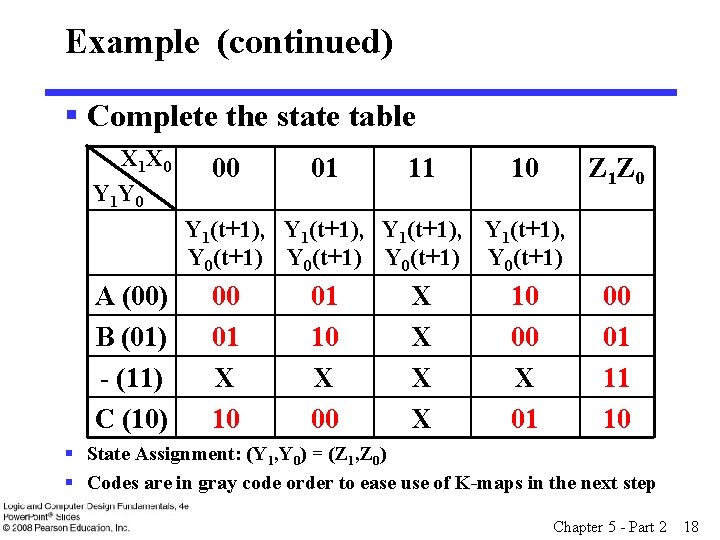 Example (continued) § Complete the state table X 1 X 0 Y 1 Y