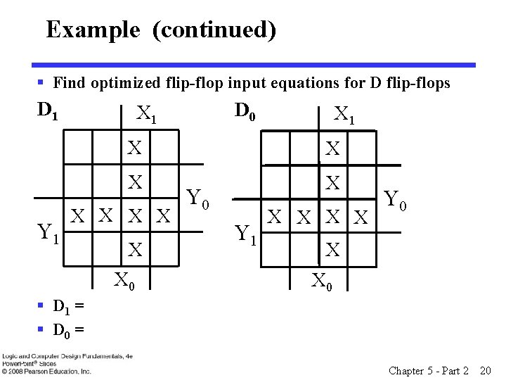 Example (continued) § Find optimized flip-flop input equations for D flip-flops D 1 Y