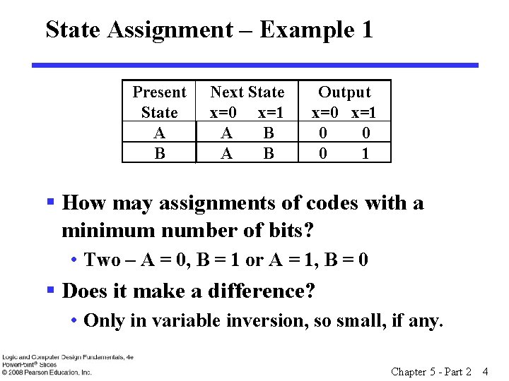 State Assignment – Example 1 Present State A B Next State x=0 x=1 A