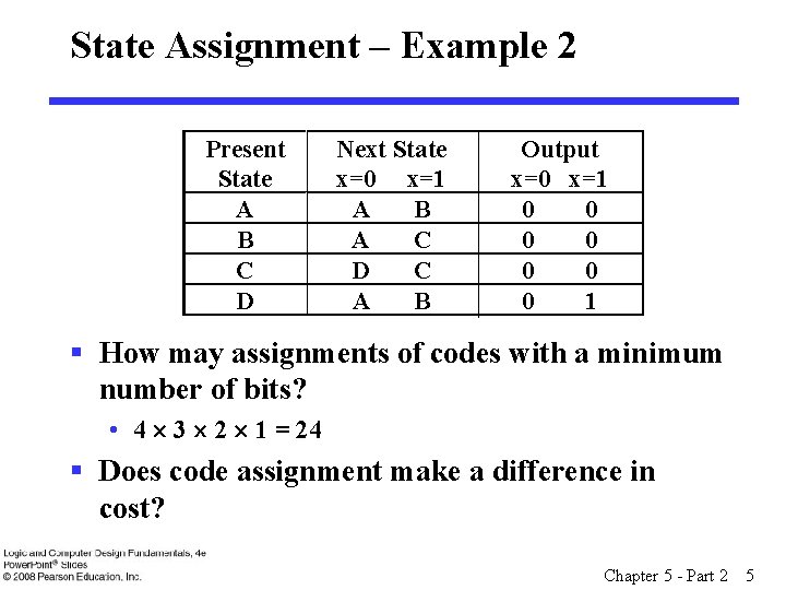 State Assignment – Example 2 Present State A B C D Next State x=0