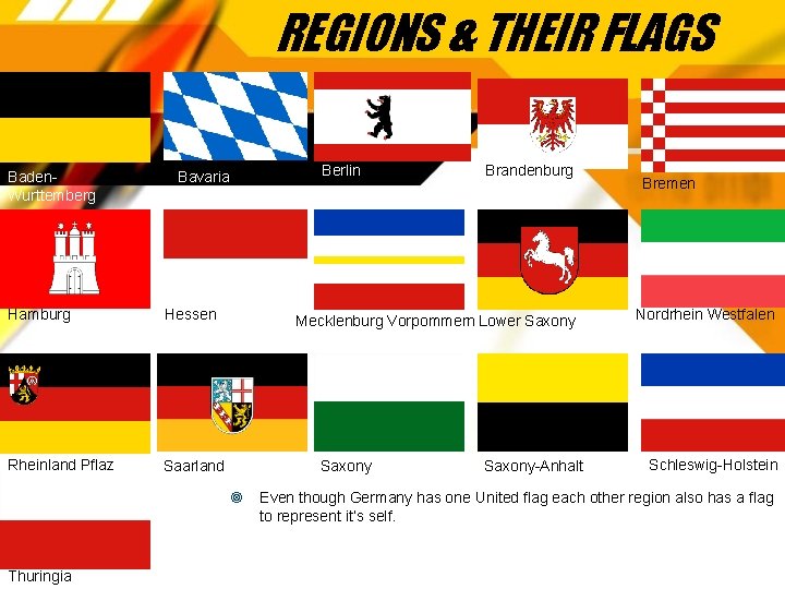 REGIONS & THEIR FLAGS Baden. Wurttemberg Bavaria Hamburg Hessen Rheinland Pflaz Saarland Berlin Brandenburg