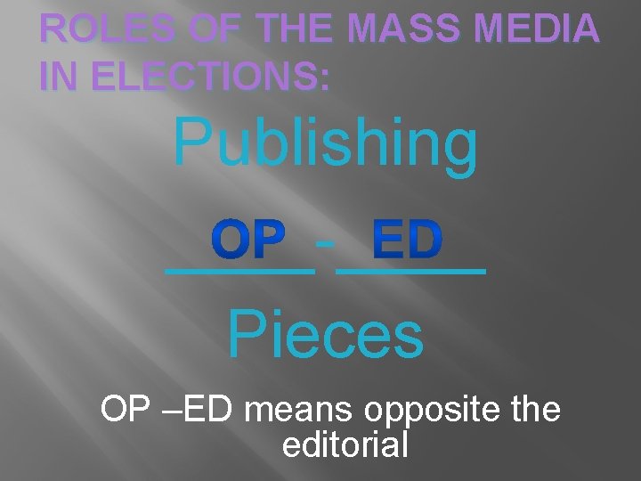 ROLES OF THE MASS MEDIA IN ELECTIONS: Publishing ____-____ Pieces OP –ED means opposite