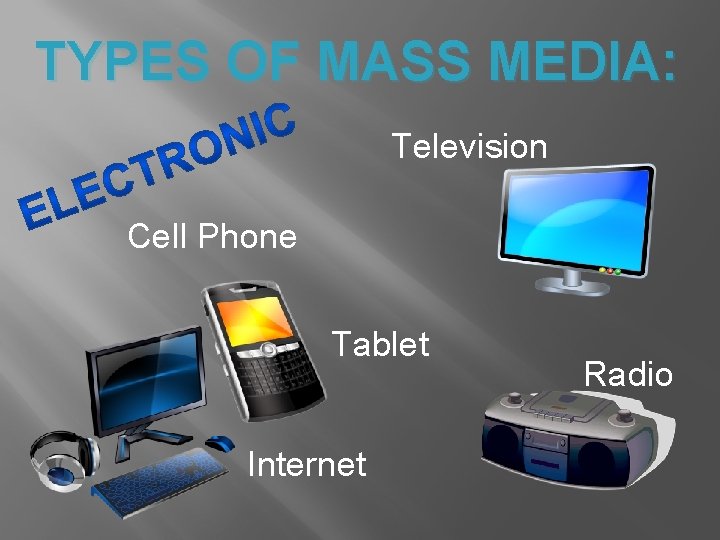 TYPES OF MASS MEDIA: Television Cell Phone Tablet Internet Radio 