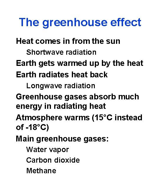 The greenhouse effect Heat comes in from the sun Shortwave radiation Earth gets warmed The greenhouse effect Heat comes in from the sun Shortwave radiation Earth gets warmed