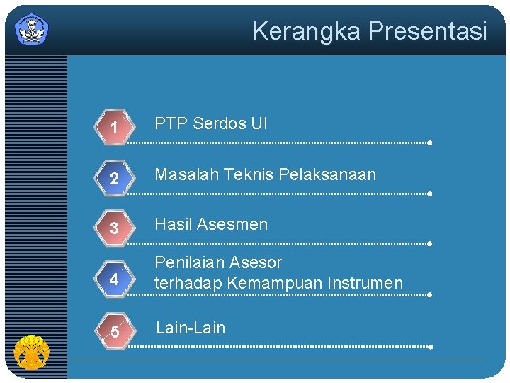 Kerangka Presentasi 1 PTP Serdos UI 2 Masalah Teknis Pelaksanaan 3 Hasil Asesmen 4