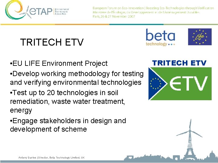TRITECH ETV • EU LIFE Environment Project • Develop working methodology for testing and