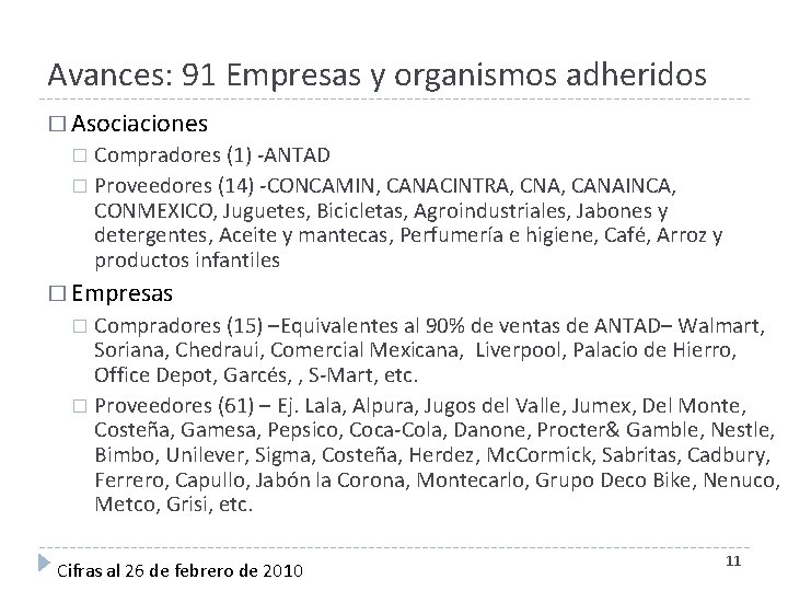 Avances: 91 Empresas y organismos adheridos � Asociaciones Compradores (1) -ANTAD � Proveedores (14)
