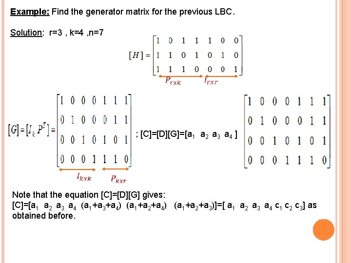 Example: Find the generator matrix for the previous LBC. Solution: r=3 , k=4 ,