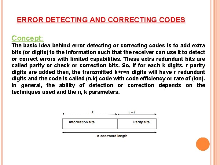 ERROR DETECTING AND CORRECTING CODES Concept: The basic idea behind error detecting or correcting