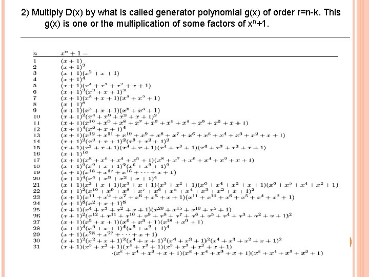 2) Multiply D(x) by what is called generator polynomial g(x) of order r=n-k. This