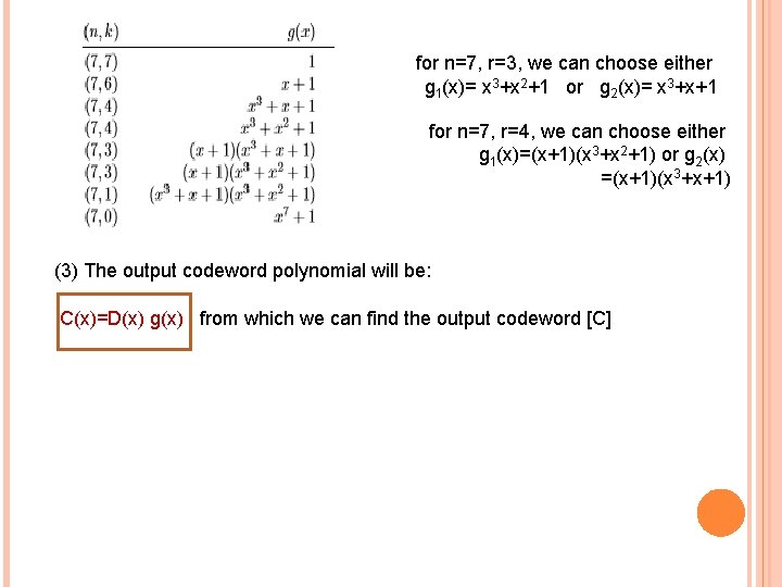 for n=7, r=3, we can choose either g 1(x)= x 3+x 2+1 or g