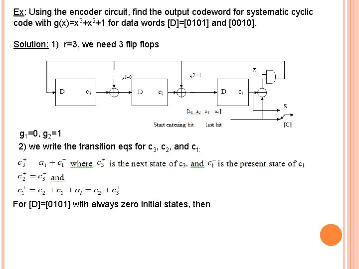 Ex: Using the encoder circuit, find the output codeword for systematic cyclic code with