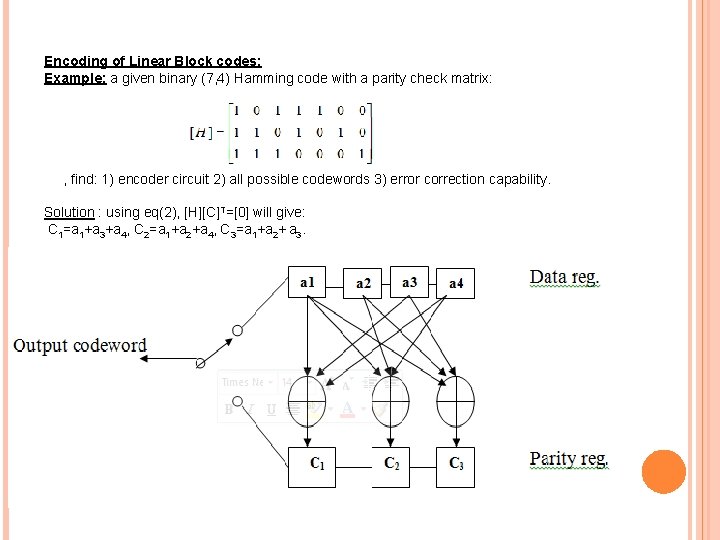 Encoding of Linear Block codes: Example: a given binary (7, 4) Hamming code with