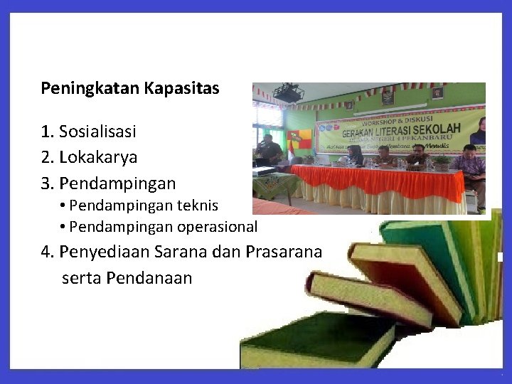 Peningkatan Kapasitas 1. Sosialisasi 2. Lokakarya 3. Pendampingan • Pendampingan teknis • Pendampingan operasional Peningkatan Kapasitas 1. Sosialisasi 2. Lokakarya 3. Pendampingan • Pendampingan teknis • Pendampingan operasional