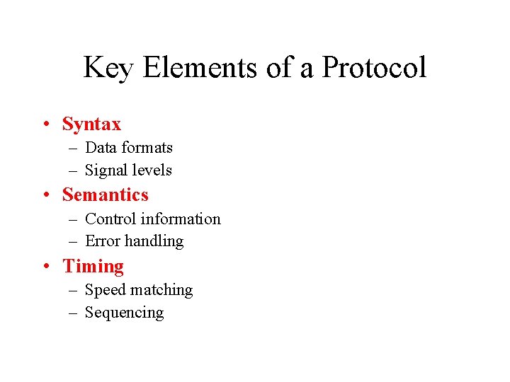 Key Elements of a Protocol • Syntax – Data formats – Signal levels •