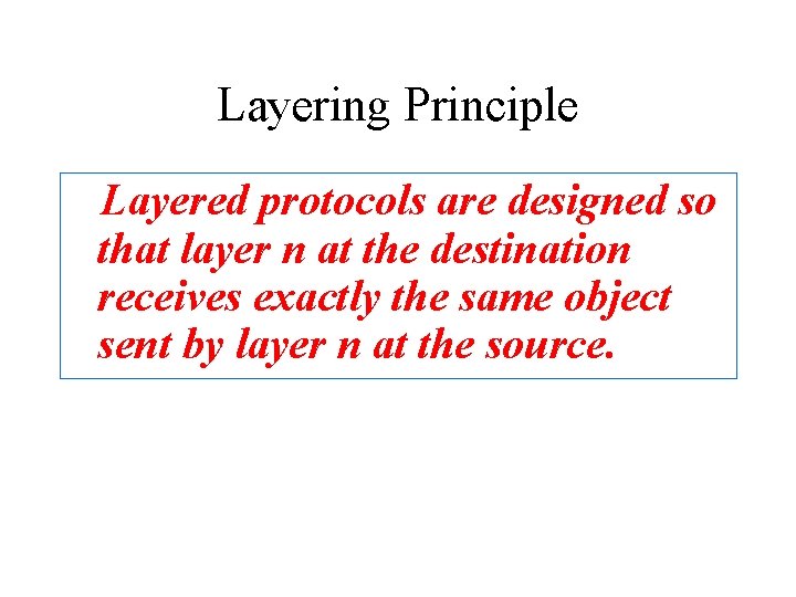 Layering Principle Layered protocols are designed so that layer n at the destination receives