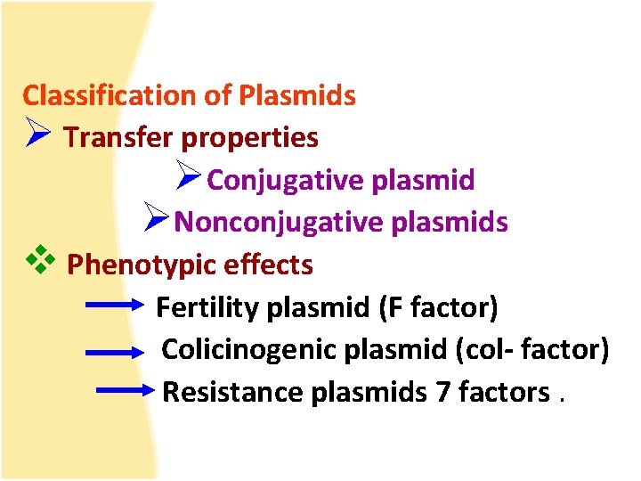 Classification of Plasmids Ø Transfer properties ØConjugative plasmid ØNonconjugative plasmids v Phenotypic effects Fertility