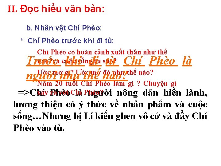 II. Đọc hiểu văn bản: b. Nhân vật Chí Phèo: * Chí Phèo trước