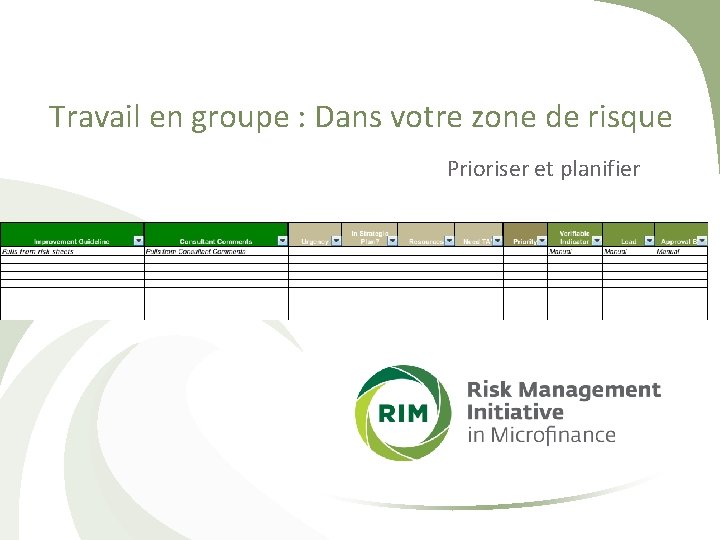 Travail en groupe : Dans votre zone de risque Prioriser et planifier 