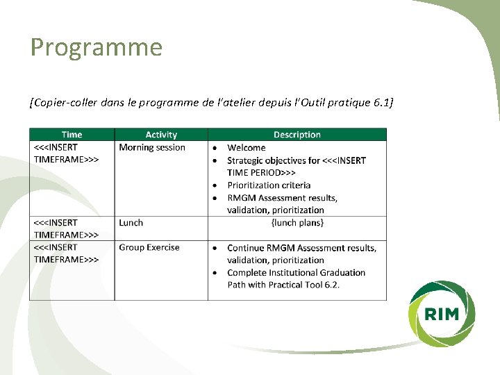 Programme [Copier-coller dans le programme de l’atelier depuis l’Outil pratique 6. 1] 