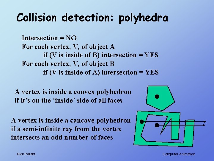 Collision detection: polyhedra Intersection = NO For each vertex, V, of object A if