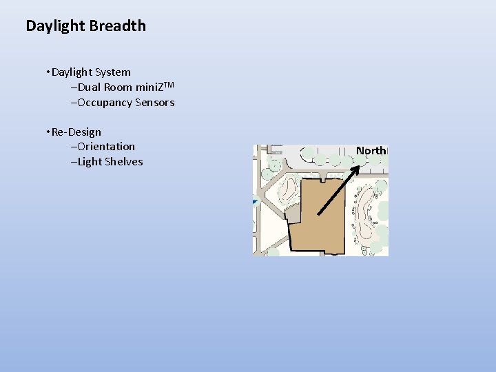 Daylight Breadth • Daylight System –Dual Room mini. ZTM –Occupancy Sensors • Re-Design –Orientation