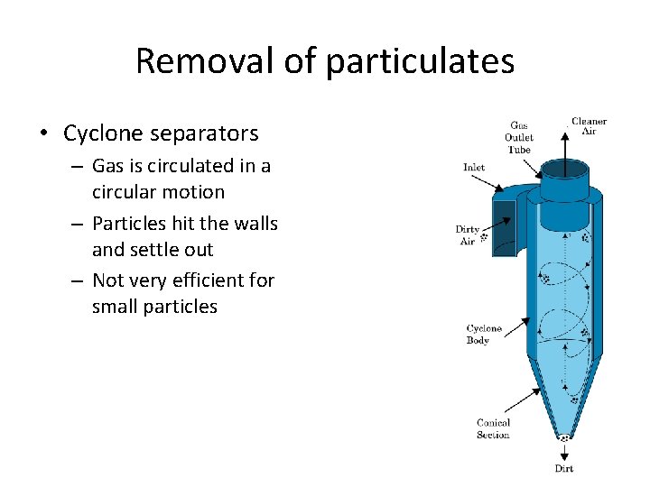 Removal of particulates • Cyclone separators – Gas is circulated in a circular motion