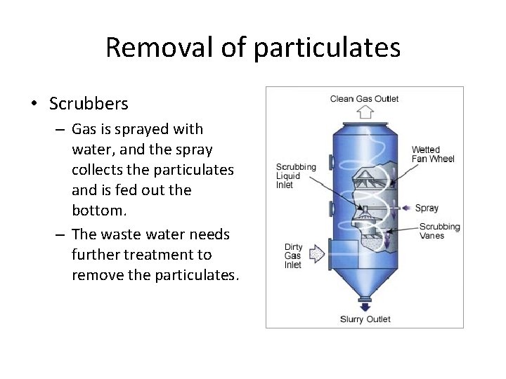 Removal of particulates • Scrubbers – Gas is sprayed with water, and the spray